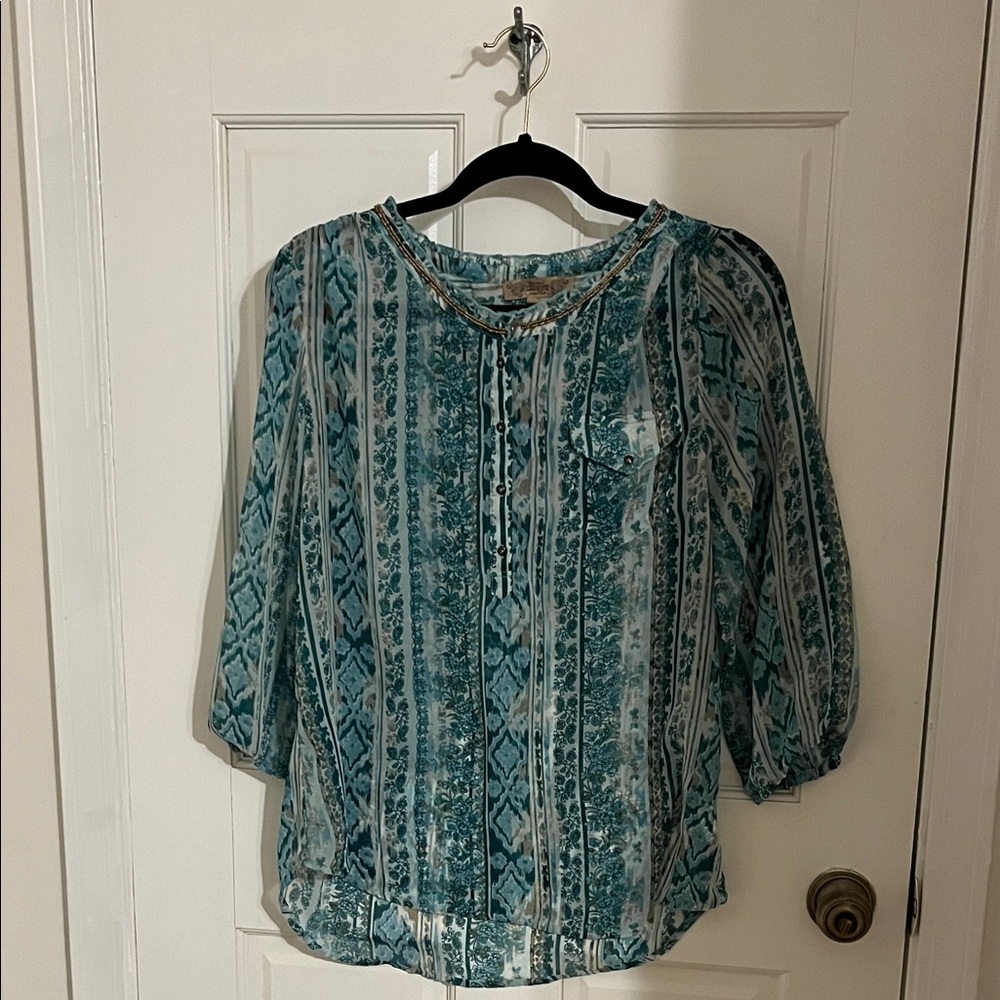 Nine West Teal and White Striped Blouse